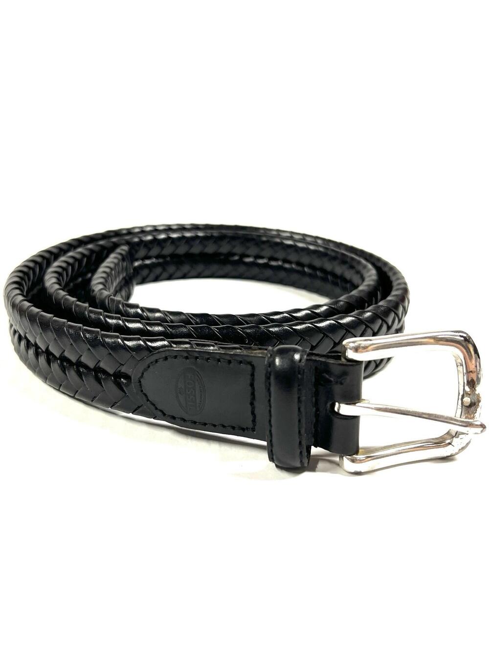 Fossil Braided Belt Mens 44 Black 100% Leather Silver Buckle Worn Adjustable